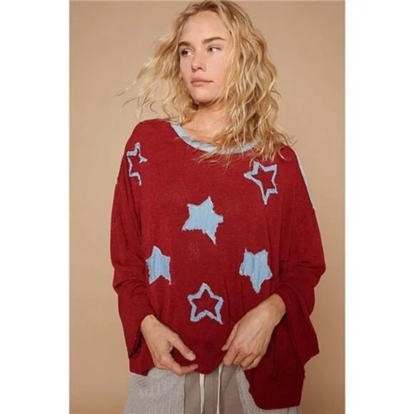New POL Exposed Seam Star Denim Patch Round Neckline Relaxed Fit Sweater Red - Picture 2 of 5